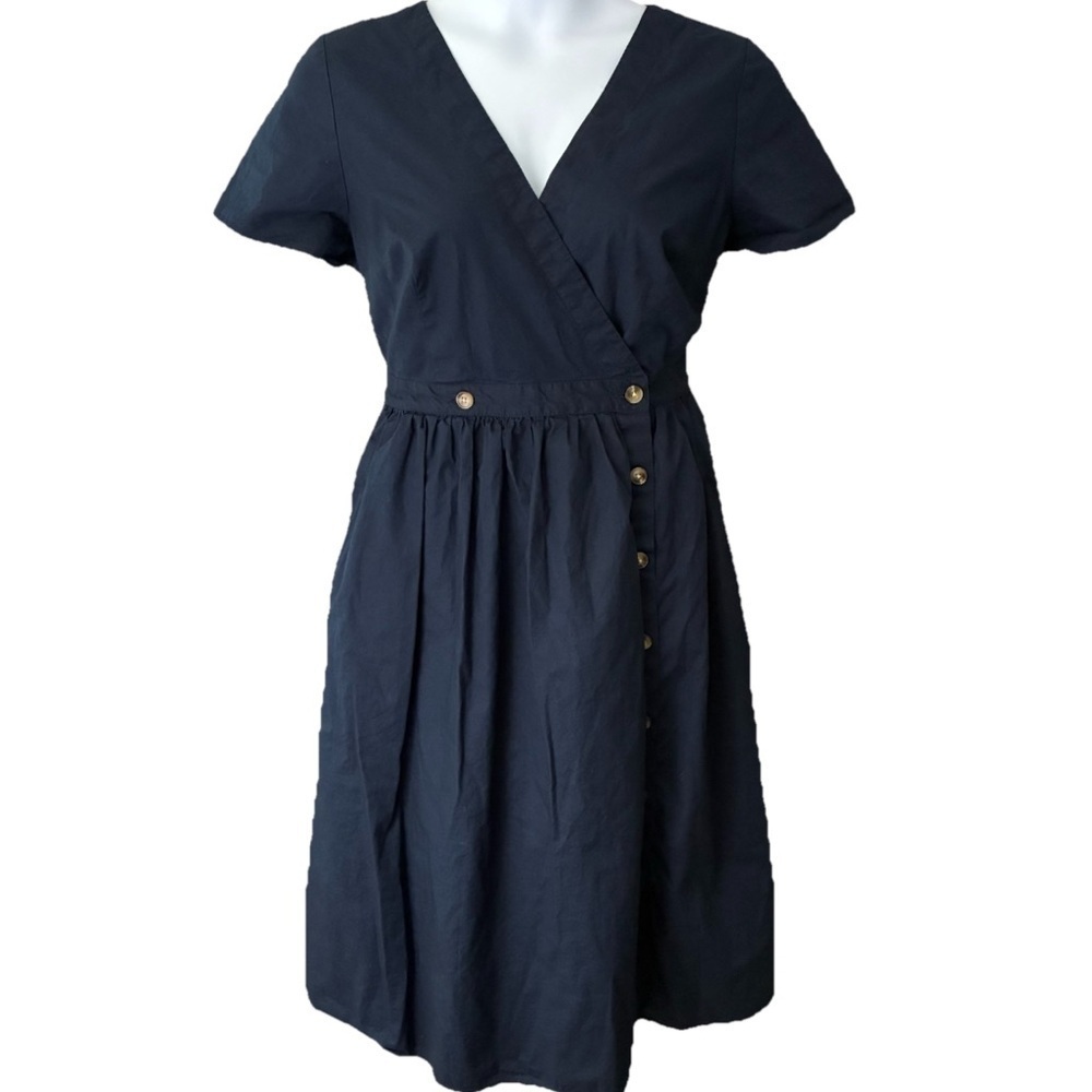 J.Crew Poplin Short Sleeve Wrap Dress Size 16 Navy Blue Button Front *FLAW*